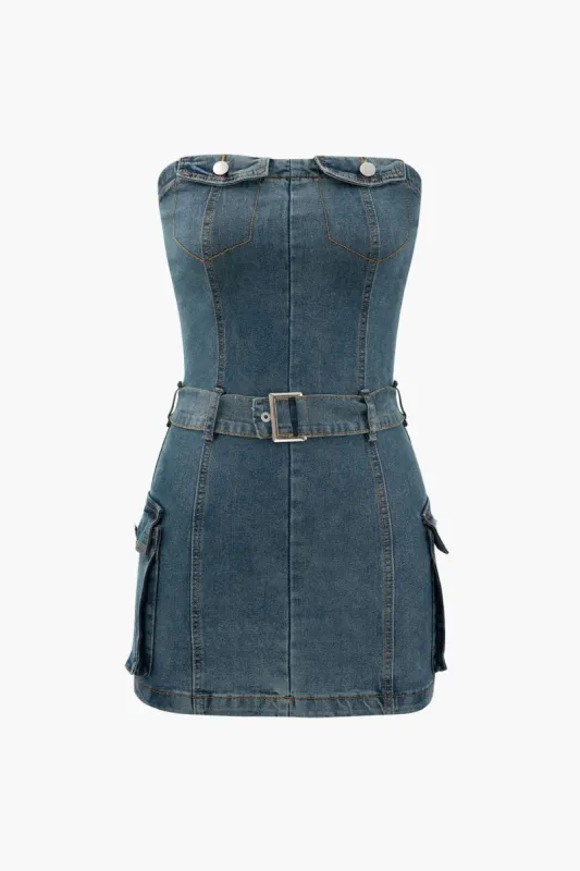 Belted Strapless Denim Dress sold by Micas
