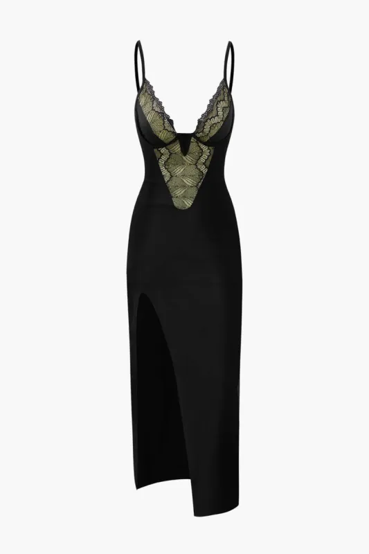 V-neck Lace Asymmetric Slit Midi Dress sold by Micas