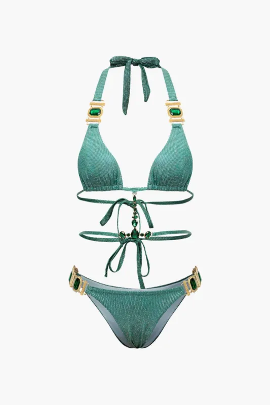 Sequin Halter Crystal Linked Triangle Bikini Set sold by Micas