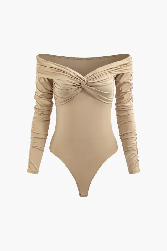 Off Shoulder Twist Ruched Long Sleeve Bodysuit sold by Micas