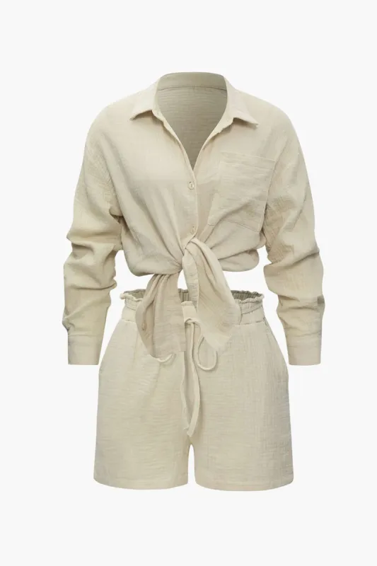 Long Sleeve Pocket Shirt And Tie Waist Shorts Set sold by Micas