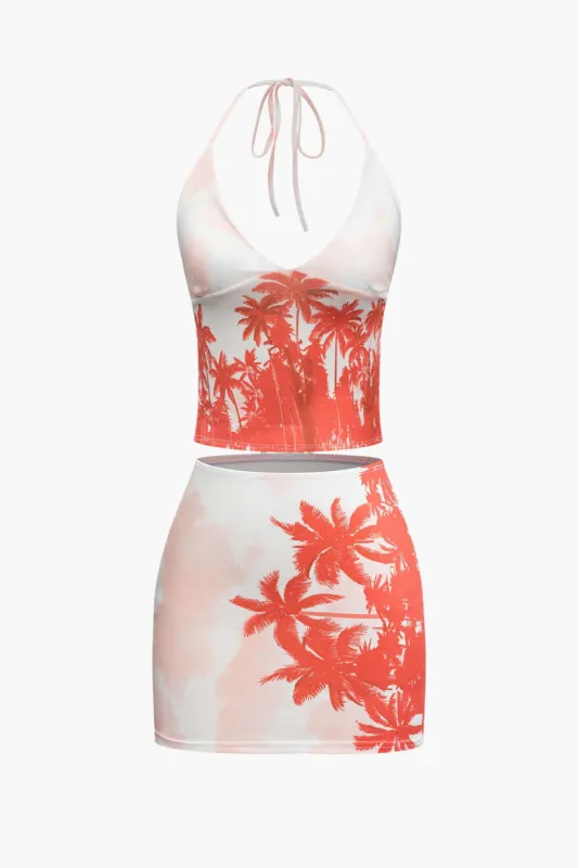 Coconut Tree Print Halter Backless Cami Top And Mini Skirt Set sold by Micas