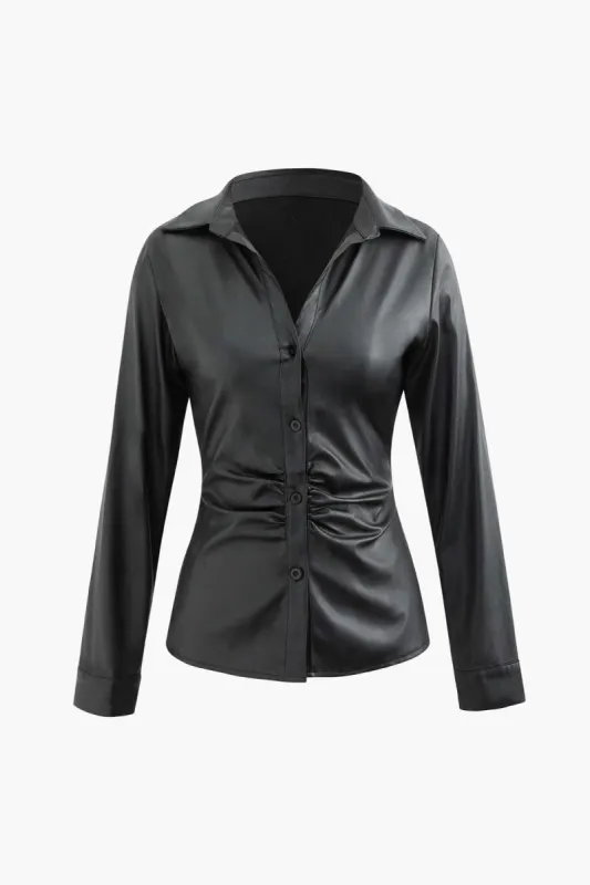 V-neck Collar Faux Leather Ruched Button Up Long Sleeve Shirt sold by Micas