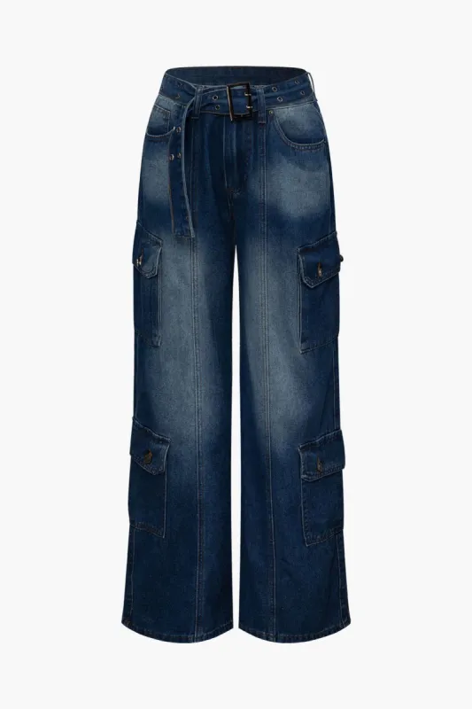 Multi-pocket Belted Wide Leg Cargo Jeans made by Micas