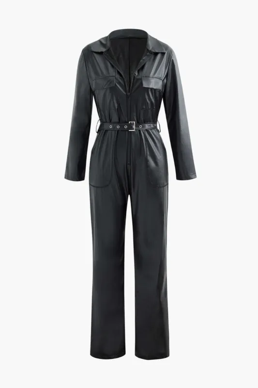 Faux Leather Collar Flap Pocket Zipper Belted Jumpsuit sold by Micas