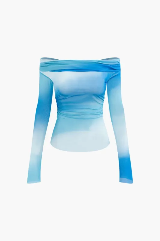 Tie Dye Off-Shoulder Mesh Ruched Long Sleeve Top sold by Micas