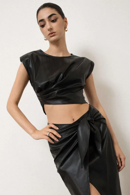 Faux Leather Cap Sleeve Ruched Crop T-shirt sold by Micas