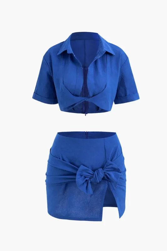 Twist Hem Crop Shirt And Knotted Split Mini Skirt Set sold by Micas