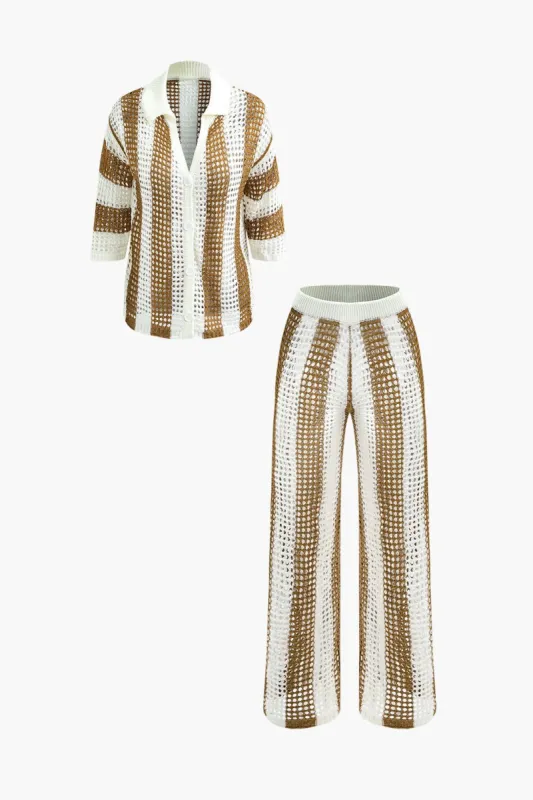 Colorblock Stripe Open Knit V-neck Shirt And Pants Set sold by Micas