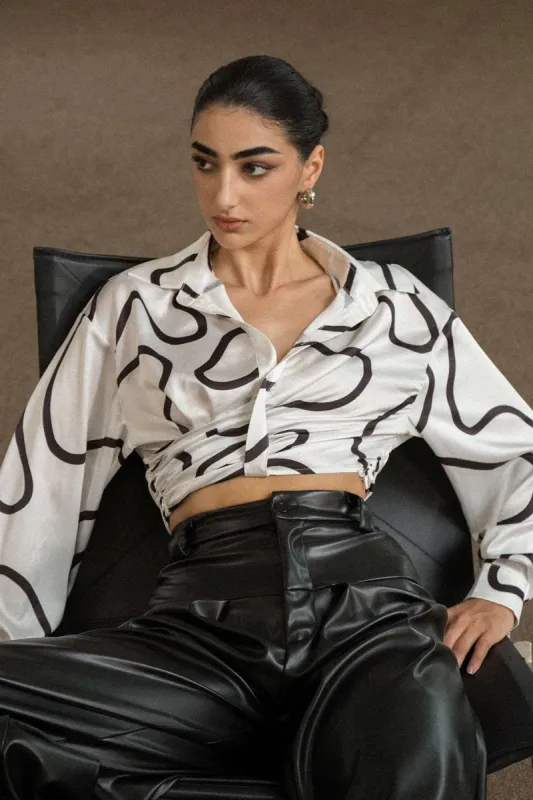 Line Pattern Satin Crop Long Sleeve Shirt sold by Micas