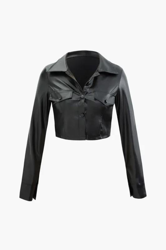 V-neck Faux Leather Button Crop Jacket sold by Micas