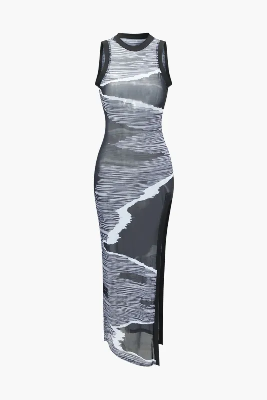 Waves Print Round Neck Sleeveless Mesh Slit Maxi Dress sold by Micas