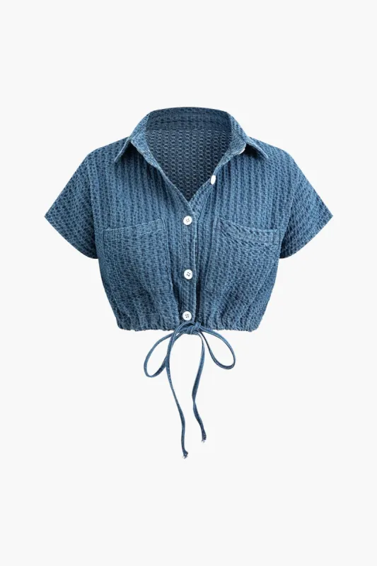 Drawstring Waist Button Up Crop Shirt sold by Micas