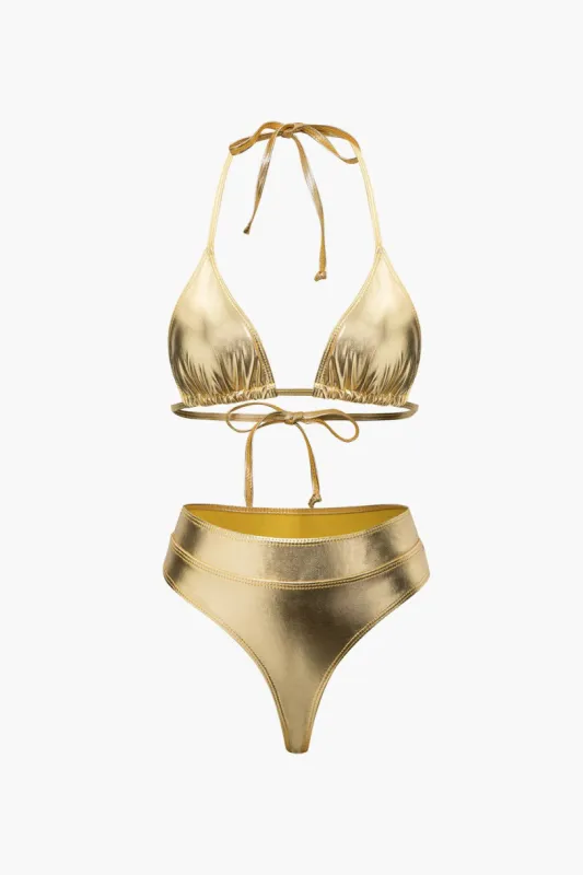 Metallic Halter Tie Bikini Set sold by Micas