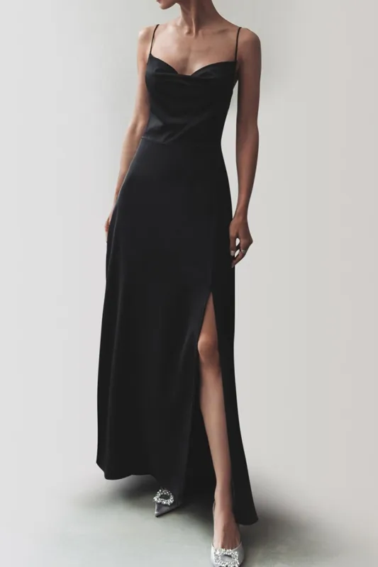 Cowl Neck Satin Slit Backless Slip Maxi Dress sold by Micas