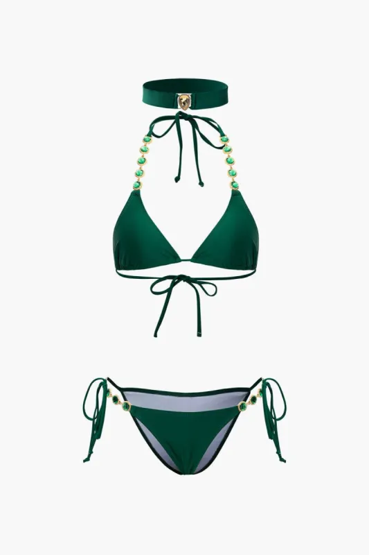 Crystal Halter Tie Side Bikini Set With Headband made by Micas