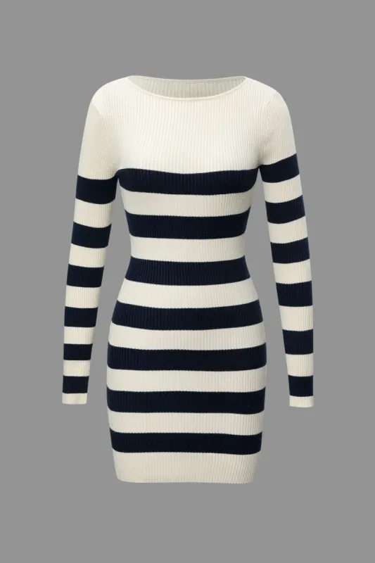 Stripe Round Neck Knit Long Sleeve Mini Dress sold by Micas
