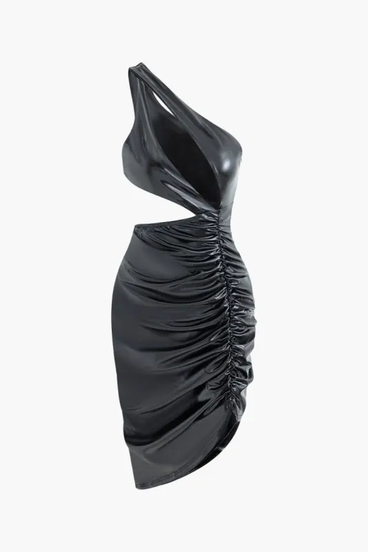 One Shoulder Faux Leather Asymmetric Ruched Cut Out Midi Dress sold by Micas