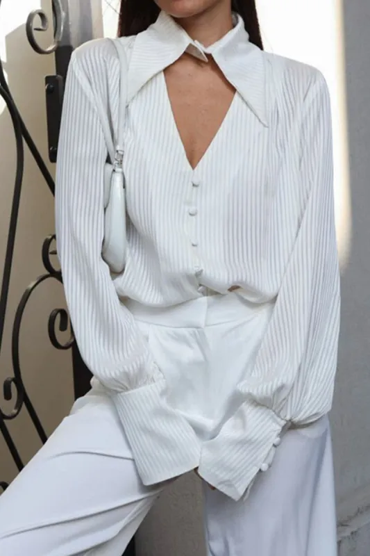 Stripe V-neck Button Up Long Sleeve Shirt sold by Micas
