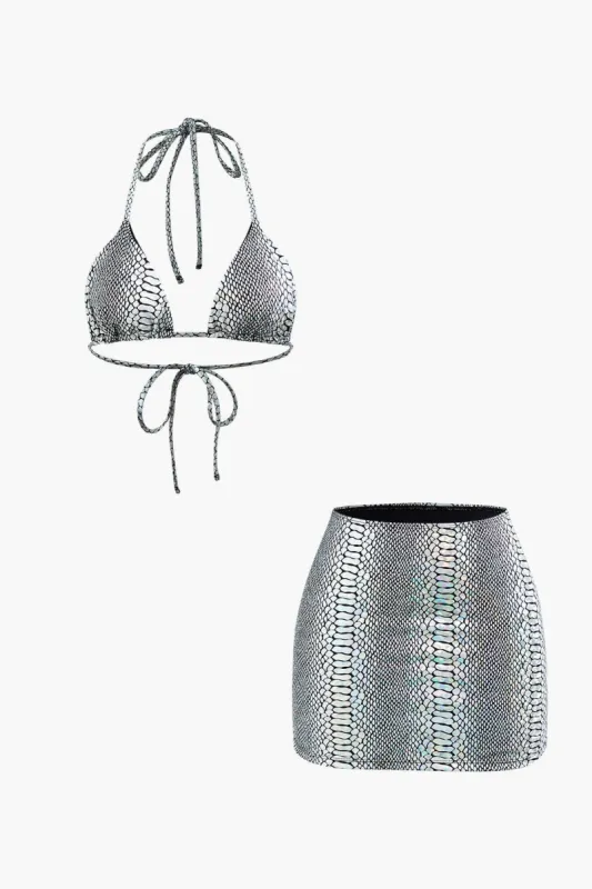 Metallic Polka Dot Halter Bikini And Mini Skirt 3-pcs Set sold by Micas