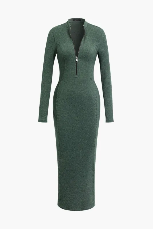 Mock Neck Zip Up Long Sleeve Knit Maxi Dress sold by Micas