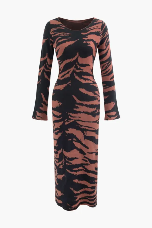 Tiger Print Round Neck Side Cut Out Knit Maxi Dress sold by Micas