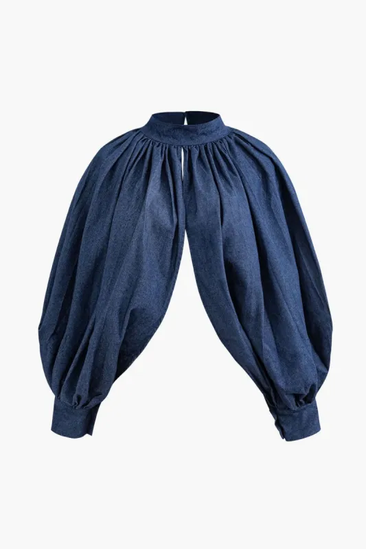 Mock Neck Denim Backless Batwing Sleeve Shirt sold by Micas