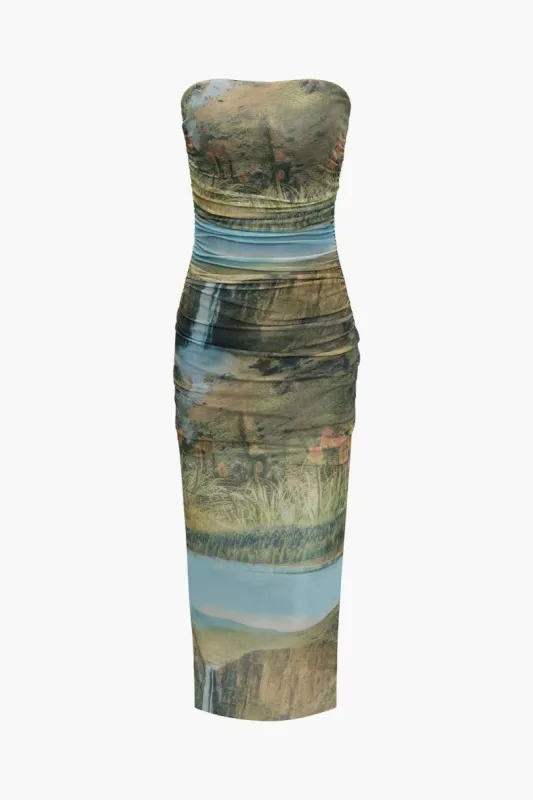 Landscape Print Strapless Slit Midi Dress made by Micas