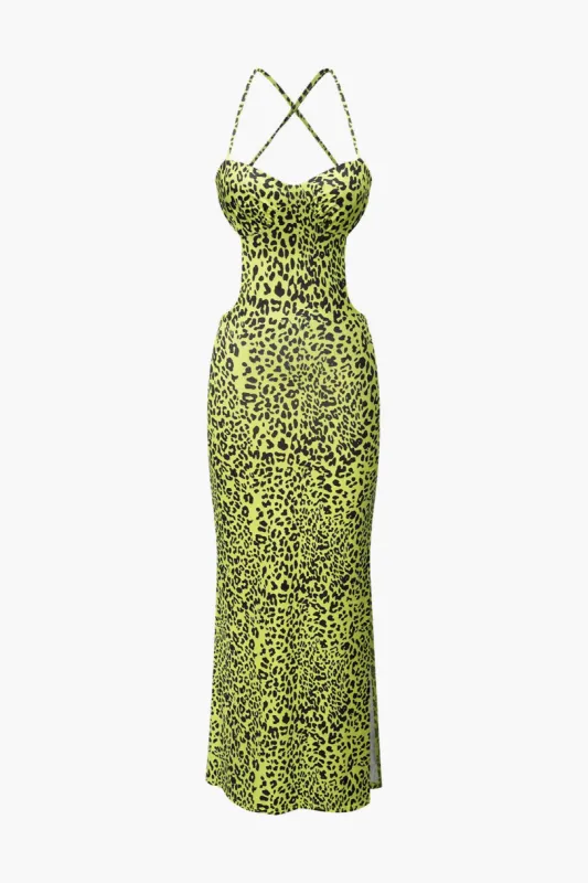 Leopard Print Backless Slit Maxi Dress sold by Micas