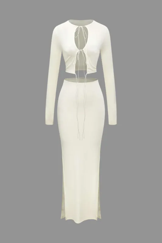 Tie Front Cut Out Long Sleeve Top And Slit Skirt Set sold by Micas