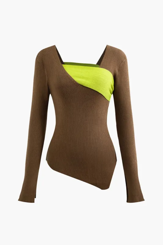 Asymmetrical Patchwork Long Sleeve Knit Top sold by Micas