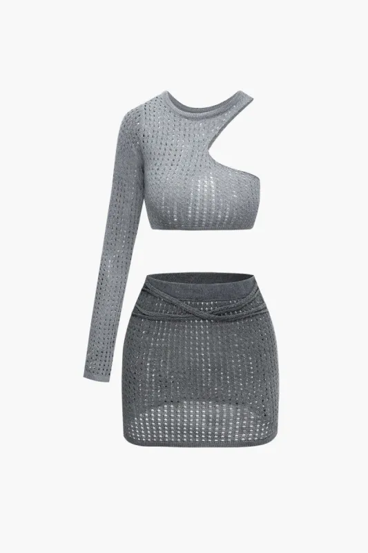 One Shoulder Cut Out Open Knit Crop Top And Mini Skirt Set sold by Micas