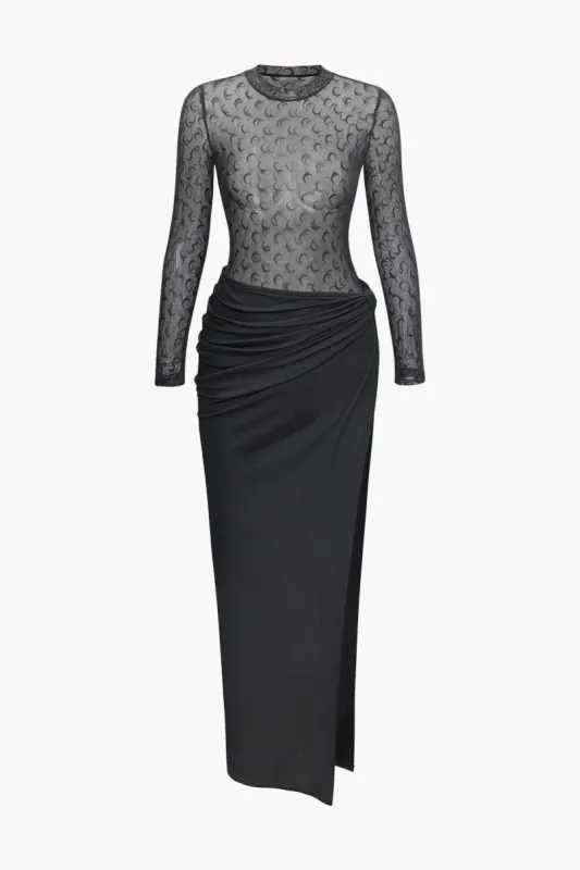 Moon Print Mesh Bodysuit And Ruched Slit Maxi Skirt Set sold by Micas