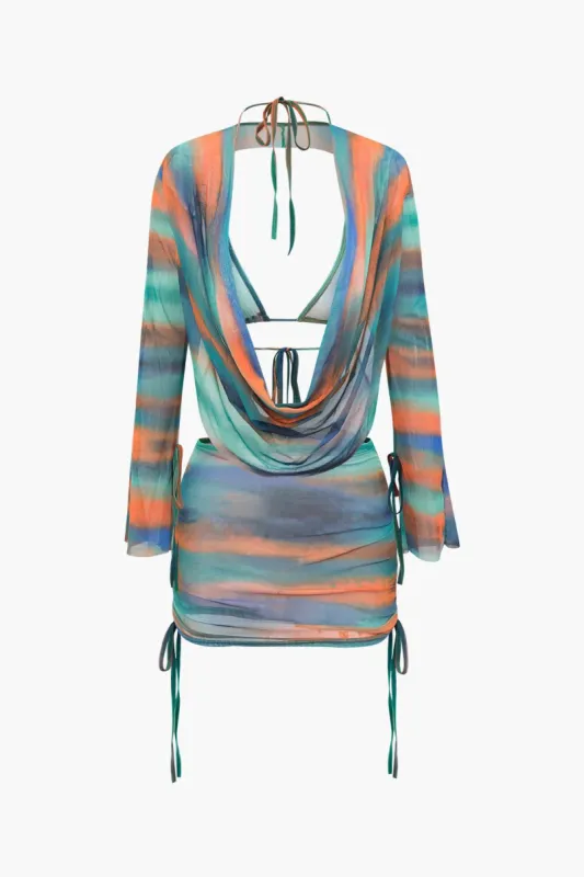 Tie Dye Mesh Halter Bra Top And Drawstring Mini Skirt And Cover Up Set sold by Micas