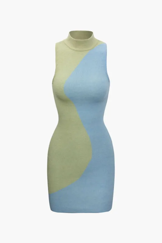 Contrast Mock Neck Knit Sleeveless Mini Dress sold by Micas