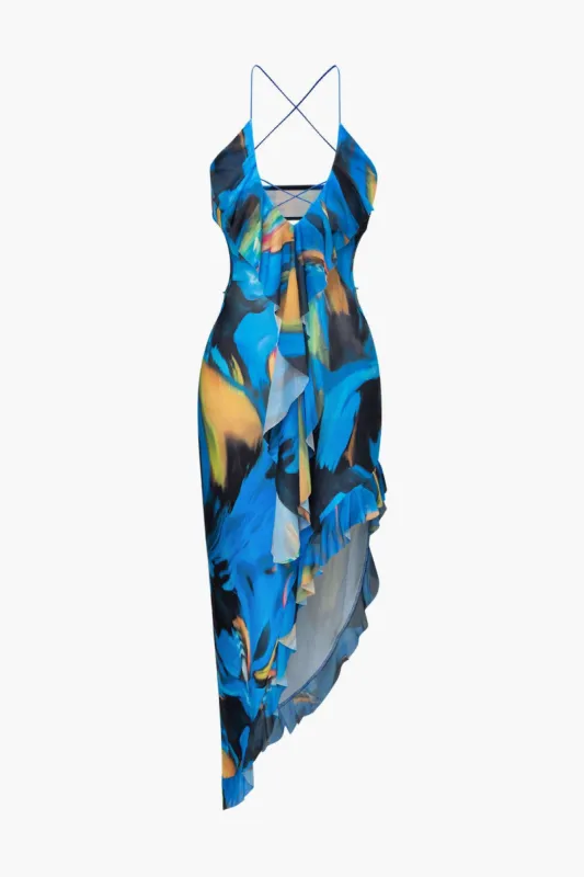 Abstract Print Halter Mesh Asymmetric Ruffle Midi Dress sold by Micas