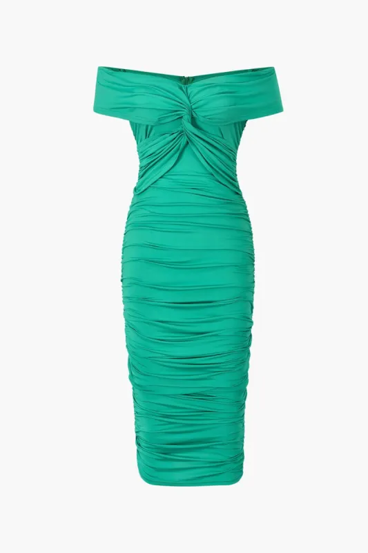 Off The Shoulder Ruched Midi Dress sold by Micas