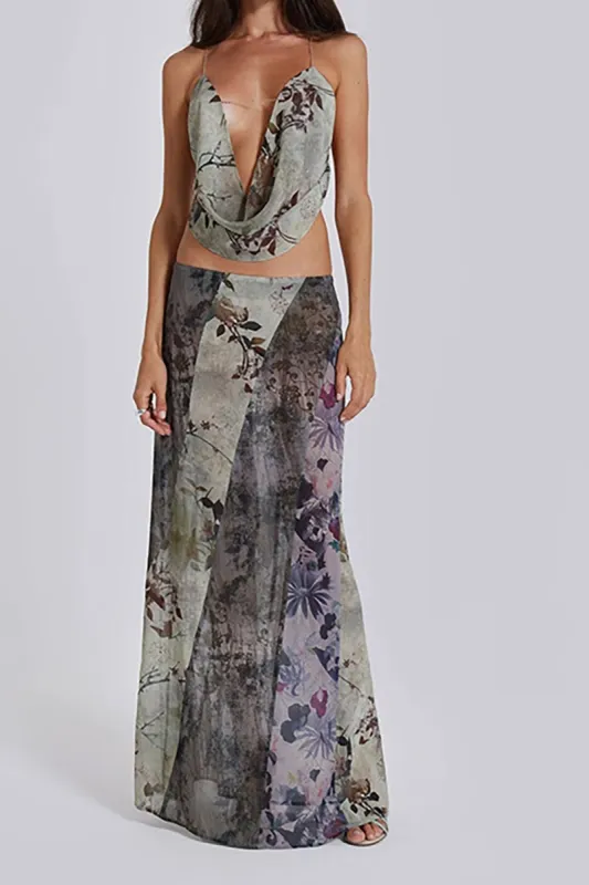 Floral Print Metal Chainmail Halter Cowl Neck Tube Top And Pleated Maxi Skirt Set sold by Micas