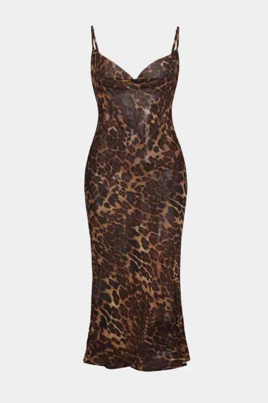 Plus Size Leopard Print Draped Cowl Neck Slip Midi Dress sold by Micas
