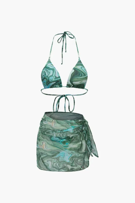 Marble Print Halter Tie Bikini And Sarong 3-Pieces Set sold by Micas
