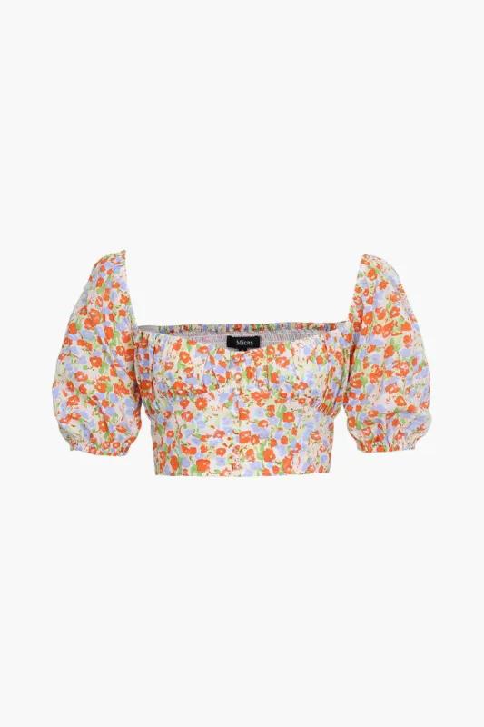 Floral Ruched Bust Buttons Detail Crop Top made by Micas