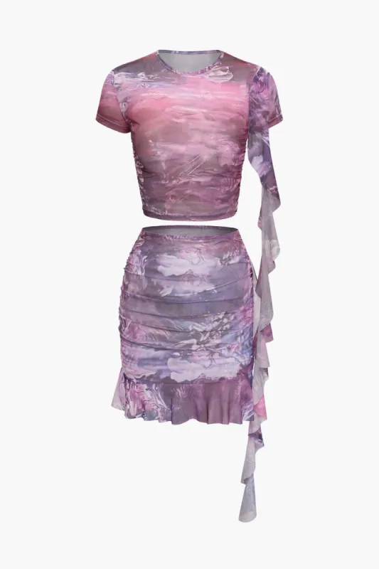 Abstract Print Mesh Ruffle T-shirt And Mini Skirt Set sold by Micas