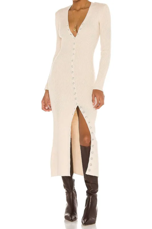 Button Up V-neck Slit Long Sleeve Knit Maxi Dress sold by Micas