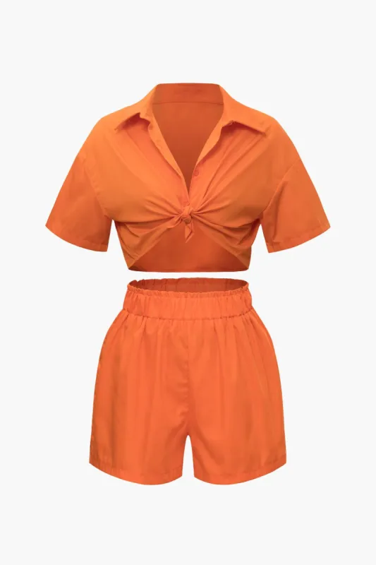 Short Sleeve Button Up Crop Shirt And Shorts Set sold by Micas