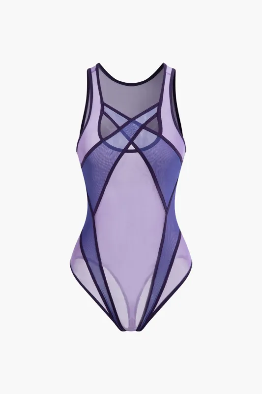 Sheer Mesh Cross Front Sleeveless Bodysuit sold by Micas