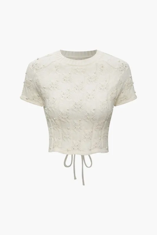 Pearl Embellished Open Knit Tie Back T-Shirt sold by Micas