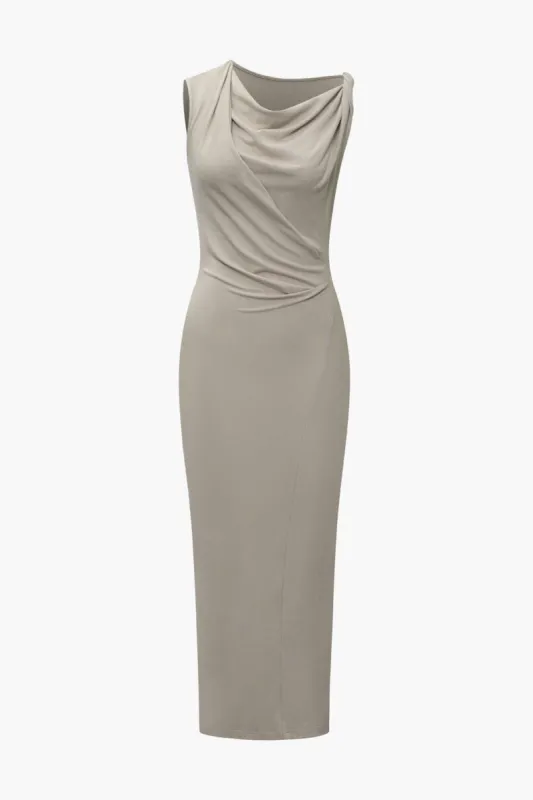 Solid Ruched Sleeveless Midi Dress sold by Micas