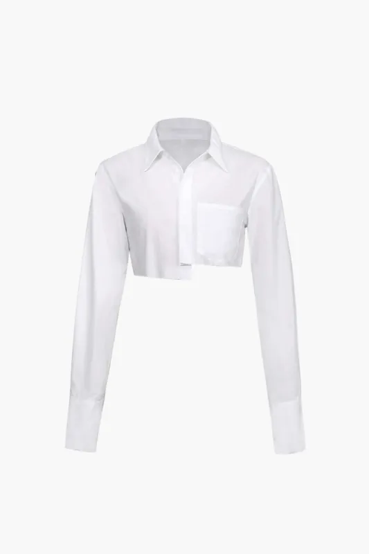 Pocket-Detail Raw Hem Crop Shirt sold by Micas