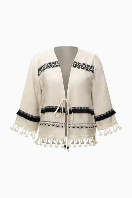 V-neck Aztec Tie Front Tassel Blouse sold by Micas