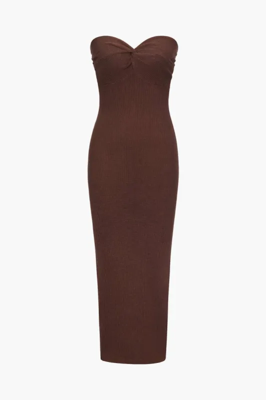 Ribbed Twist Front Strapless Midi Dress sold by Micas